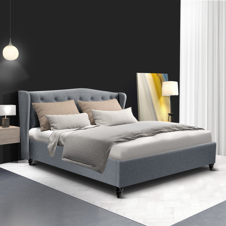 Comforstation Grey Double Bed Frame with Tufted Wing Headboard