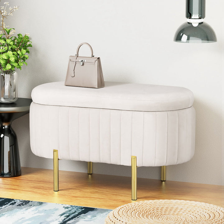 Comforstation Luxury Velvet Oval Storage Ottoman - 87cm White
