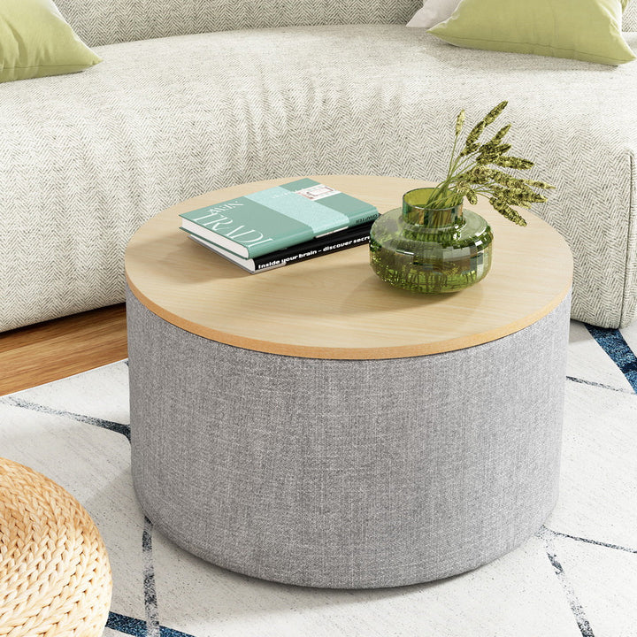 Comforstation Grey Round Storage Ottoman with Concealed Storage