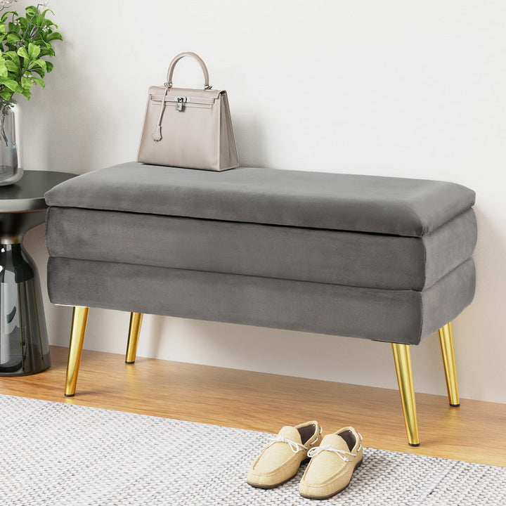 Comforstation Velvet Grey Storage Ottoman with Hidden Compartment