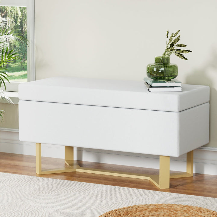 Comforstation Criss-Cross White Linen Storage Ottoman