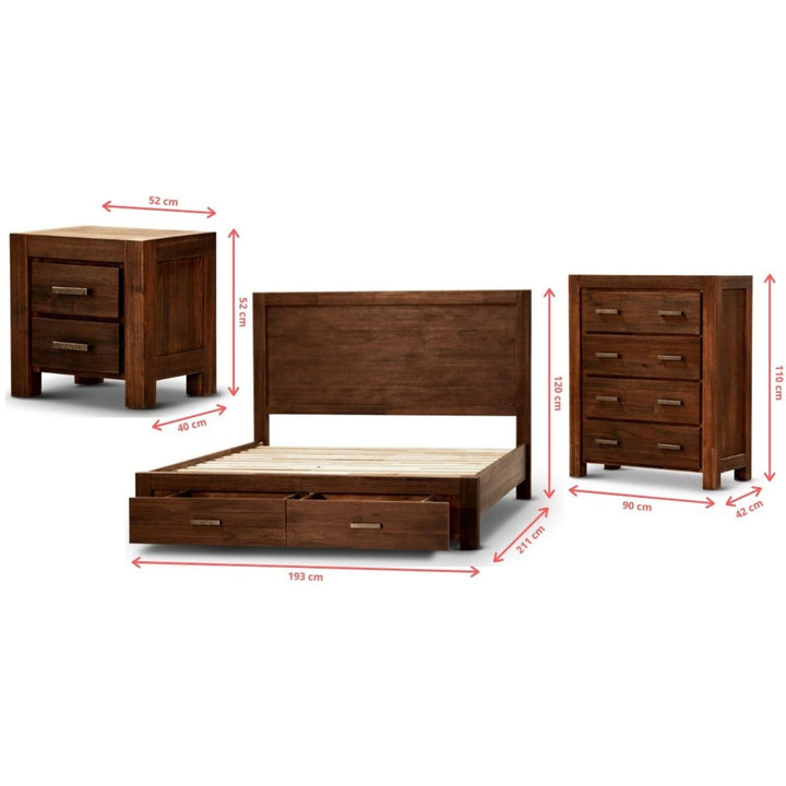 4pc King Bed Frame Suite Bedside Tallboy Furniture Package - Walnut