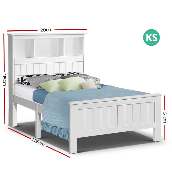 Comforstation King Single Wooden Bed Frame with Storage Shelves - White