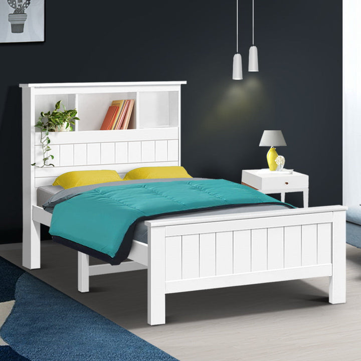 Comforstation King Single Wooden Bed Frame with Storage Shelves - White