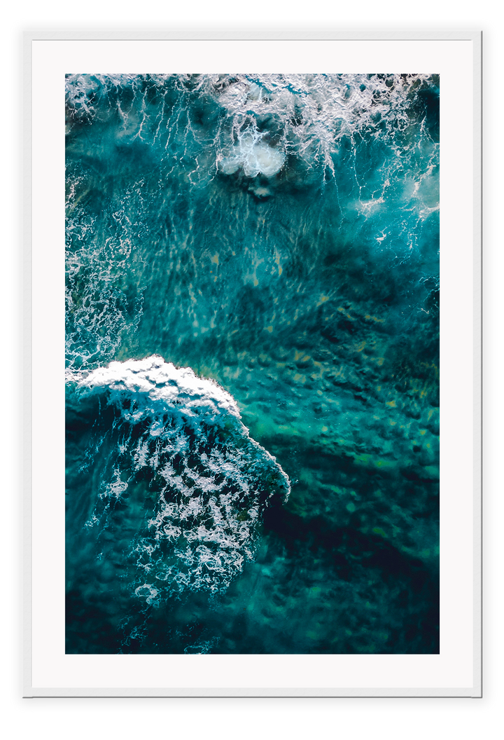 Blue ocean portrait landscape print with waves and ripple white wash coast