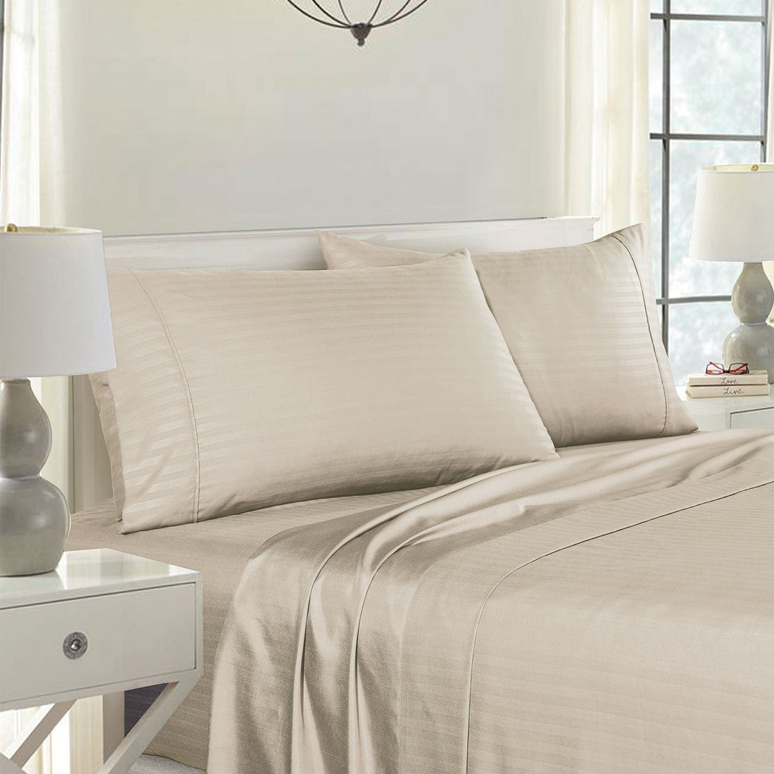 Blended Bamboo Pillowcase Twin Pack With Stripes - Sand