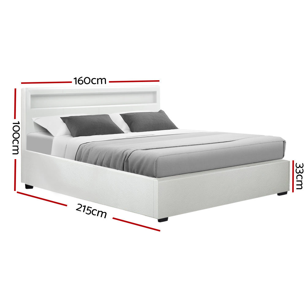 Comforstation Queen Size LED Gas Lift Bed Frame with Storage - White