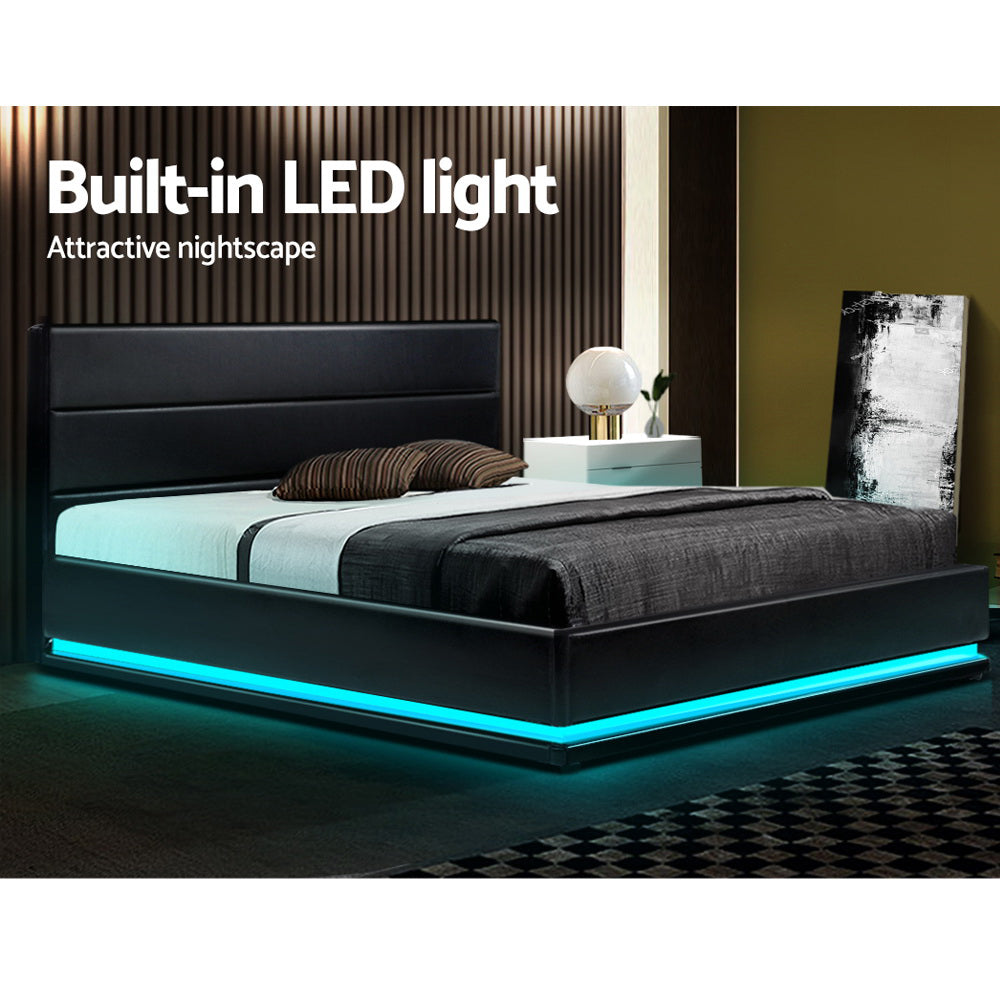 Comforstation LUMI Queen Size LED Gas Lift Bed Frame - Black