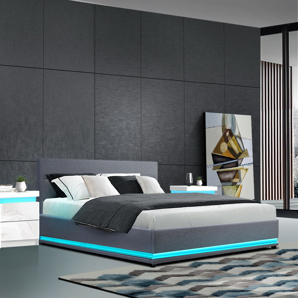 Comforstation LUMI Queen Size LED Gas Lift Bed Frame in Grey