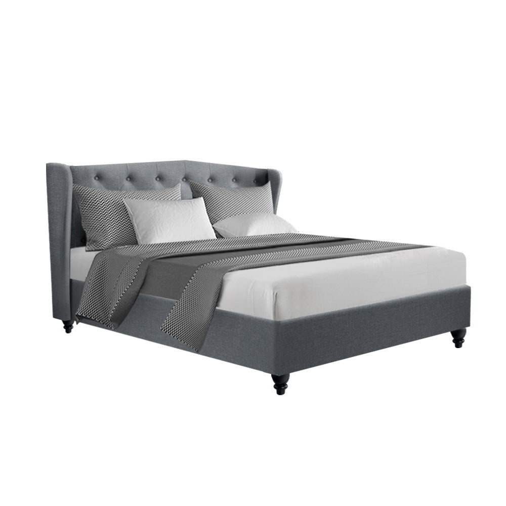 Comforstation Grey Double Bed Frame with Tufted Wing Headboard