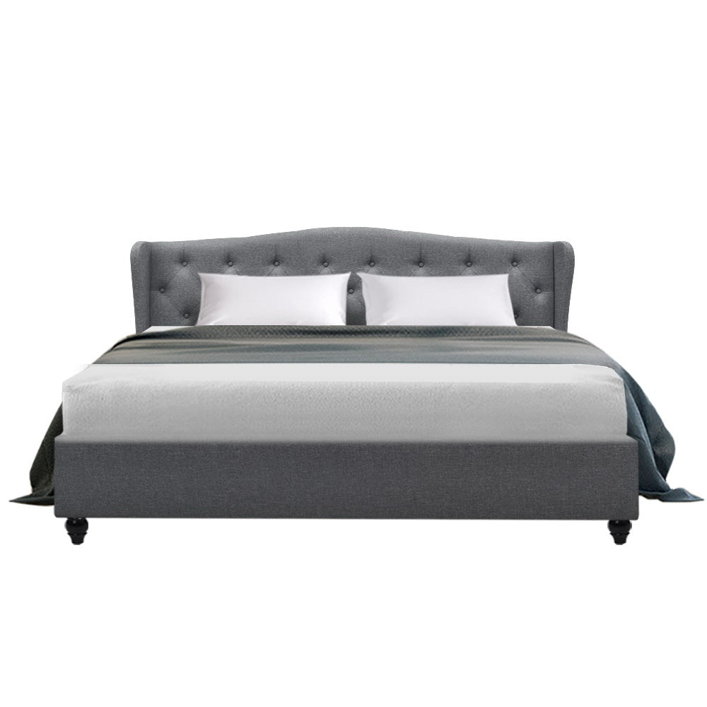 Comforstation King Size Grey Bed Frame with Tufted Wing Headboard
