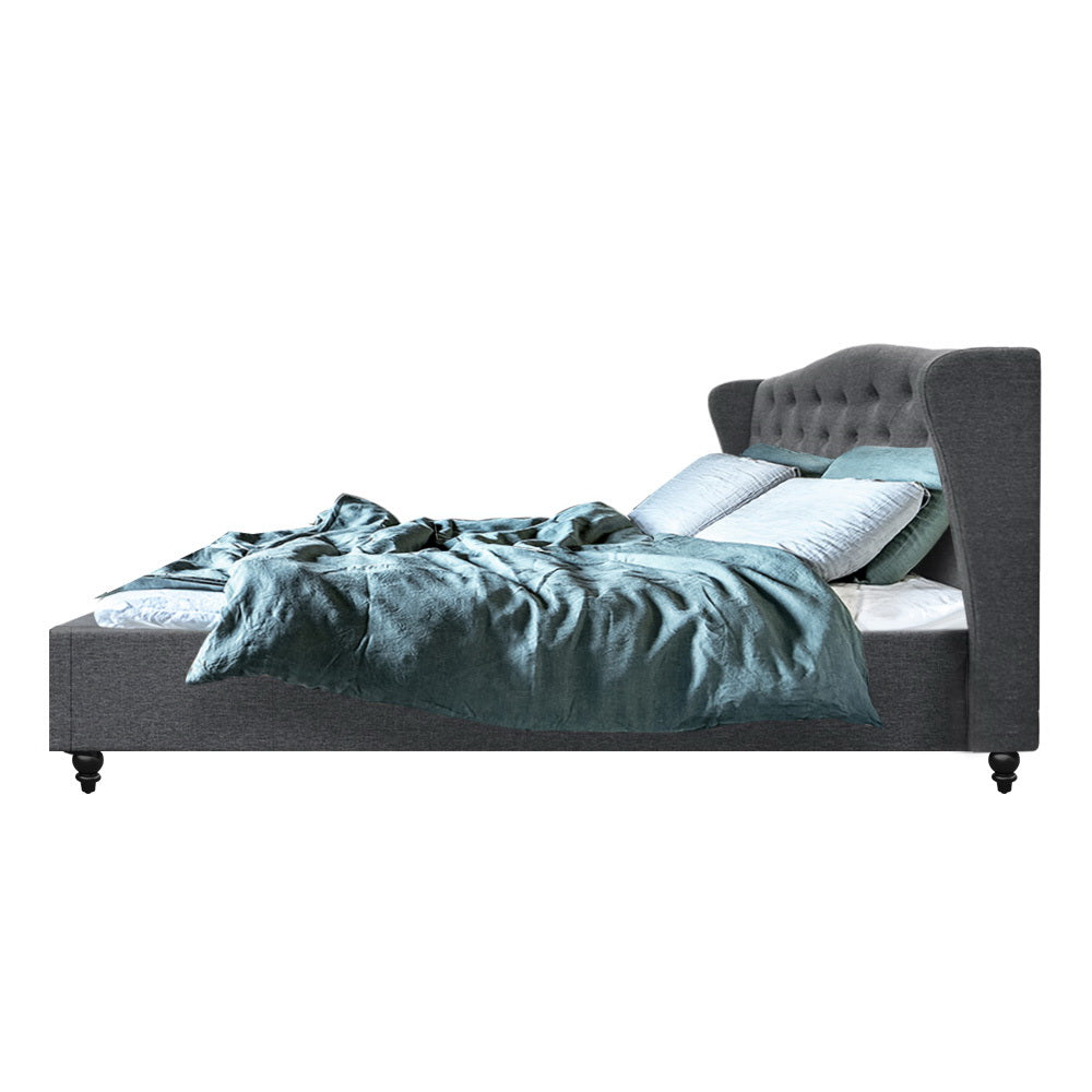Comforstation King Size Grey Bed Frame with Tufted Wing Headboard