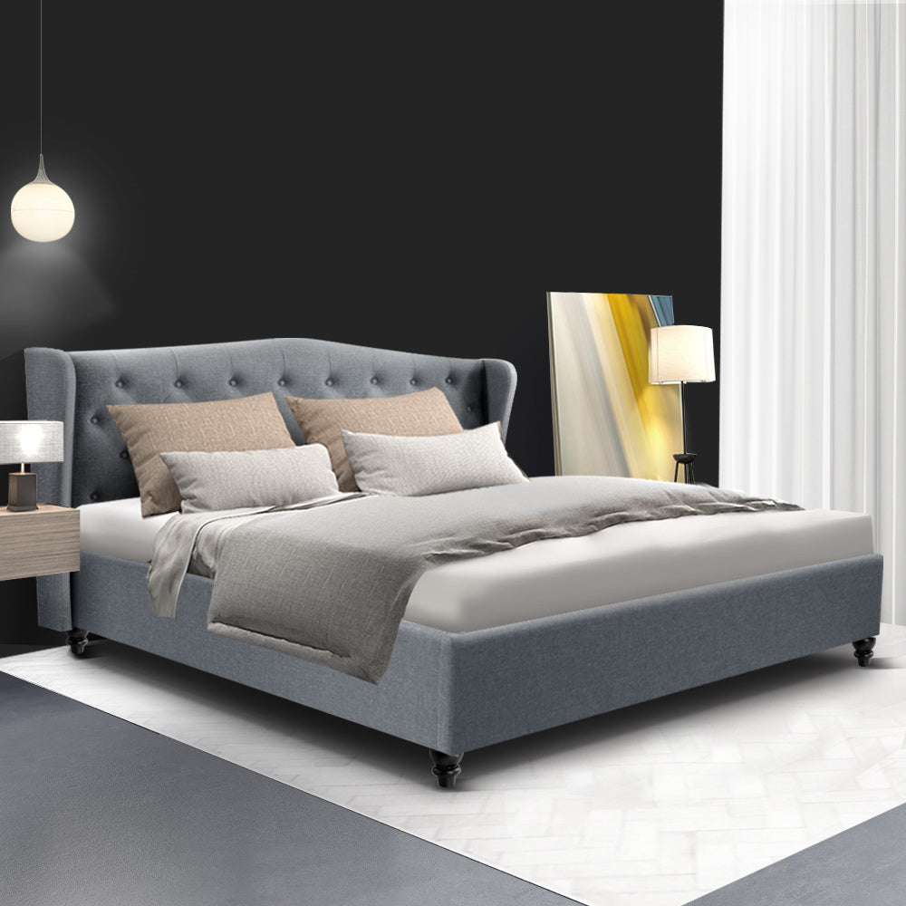 Comforstation King Size Grey Bed Frame with Tufted Wing Headboard