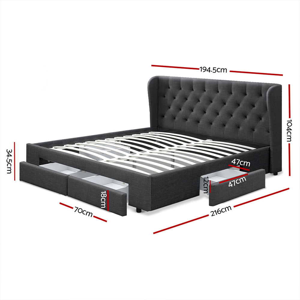 Comforstation Mila King Size Bed Frame with 4 Drawers - Charcoal