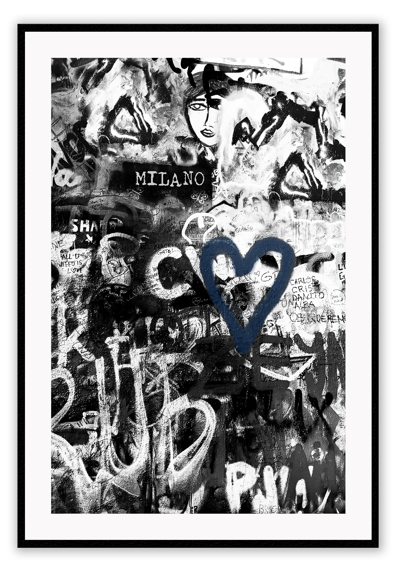 Black and white typography graffiti print art with hint of blue dark moody urban 