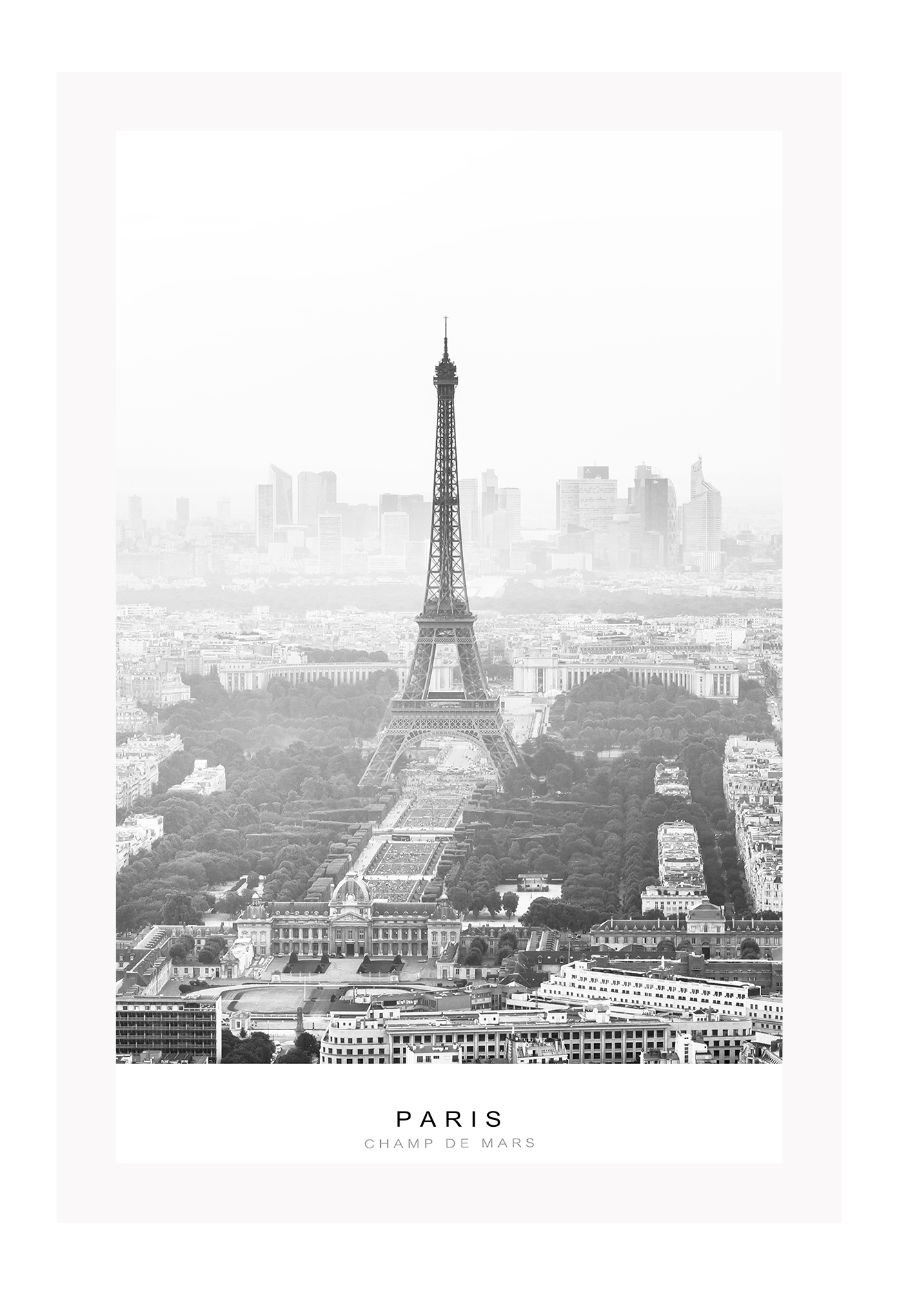 Black and white french print with text and photography of eiffel tower iconic image city architecture