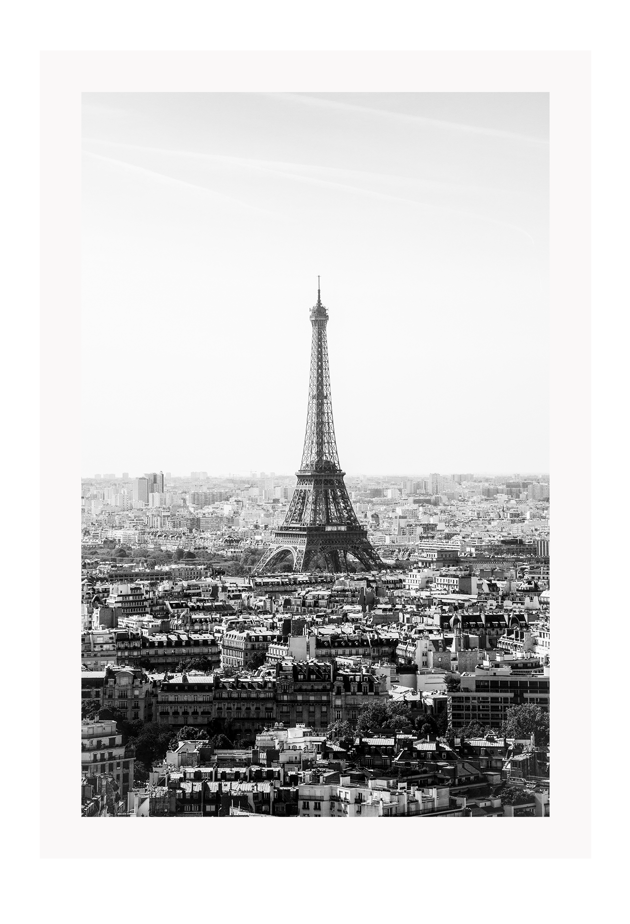 A black and white urban wall art with the city view of Paris and Eiffel tower. 