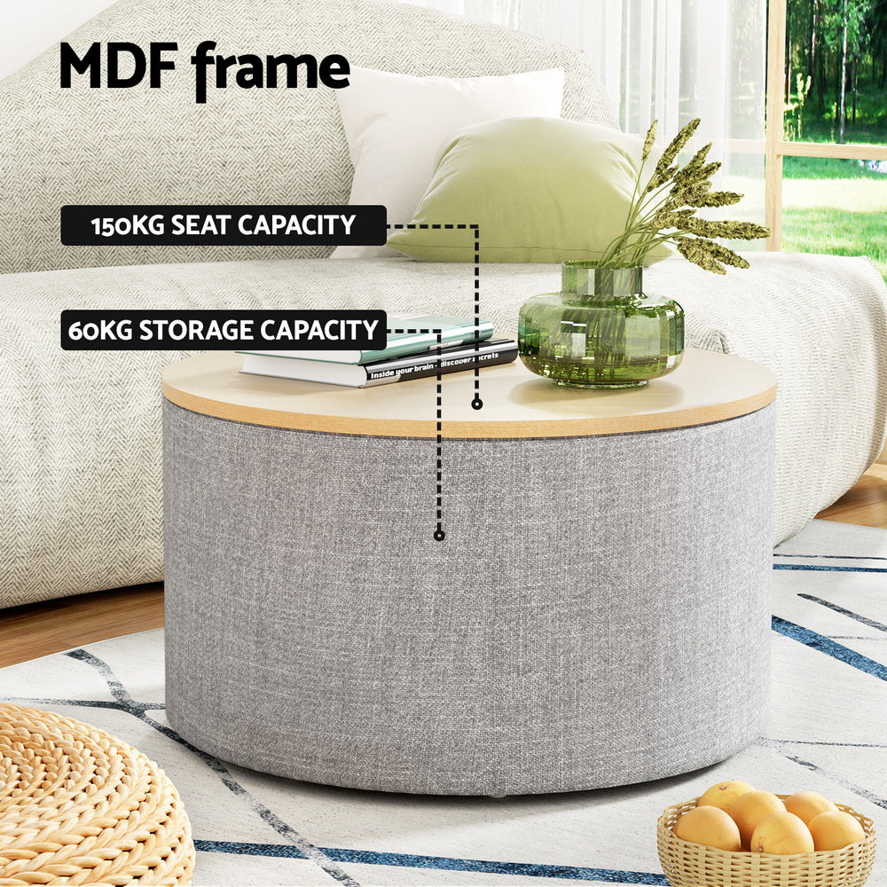 Comforstation Grey Round Storage Ottoman with Concealed Storage
