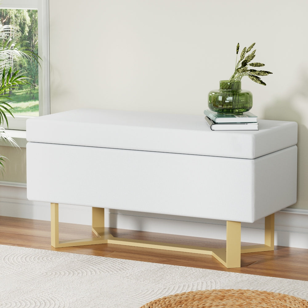 Comforstation Criss-Cross White Linen Storage Ottoman