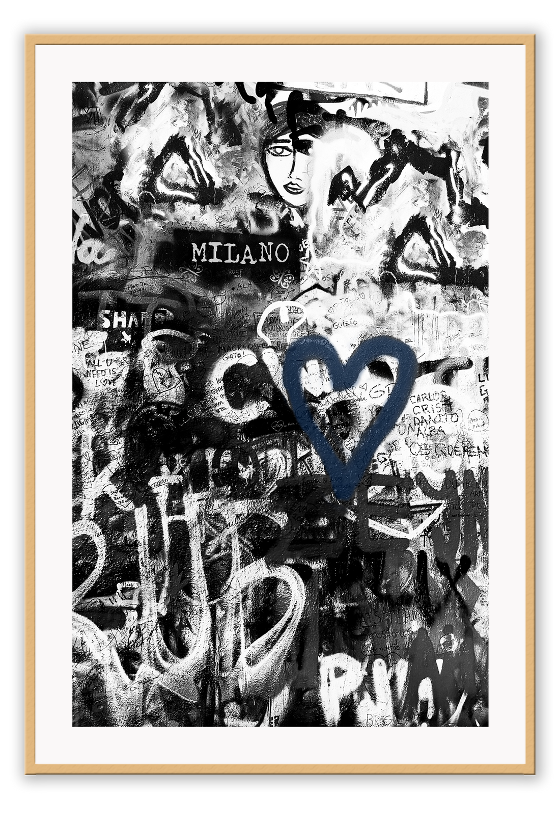 Black and white typography graffiti print art with hint of blue dark moody urban 