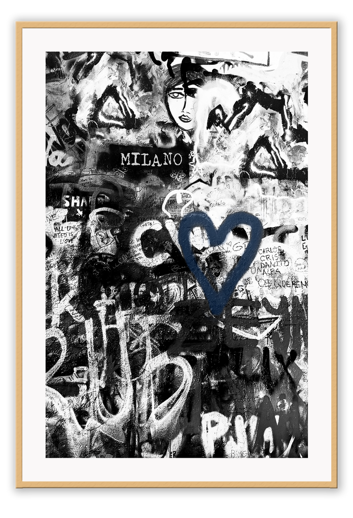 Black and white typography graffiti print art with hint of blue dark moody urban 