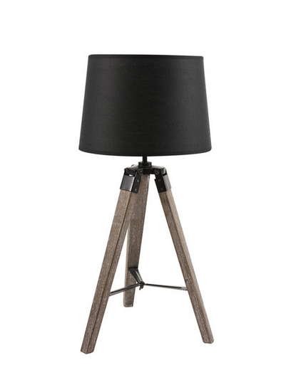 Wooden Tripod Table Lamp With Black Taper Fabric Shade