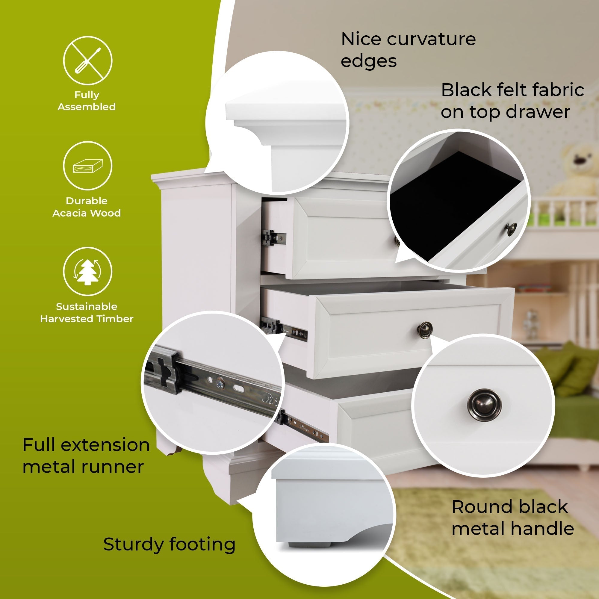 4pc Bedside Dresser Mirror Bedroom Chest of Drawers Set Cabinet - White