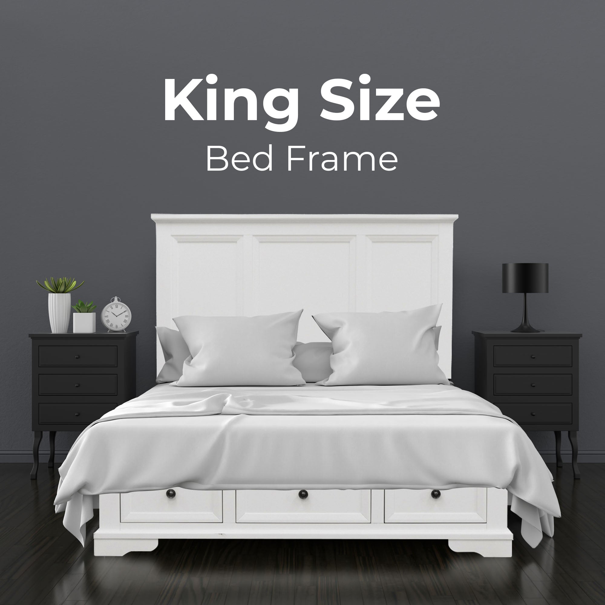 4pc King Bed Frame Bedroom Suite Timber Bedside Tallboy Package - White