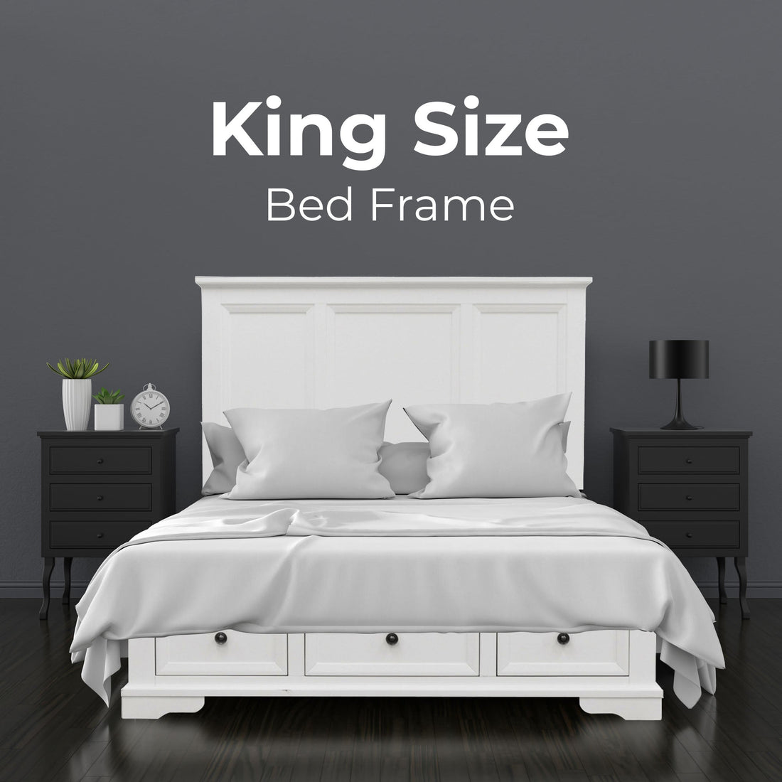 4pc King Bed Frame Bedroom Suite Timber Bedside Tallboy Package - White