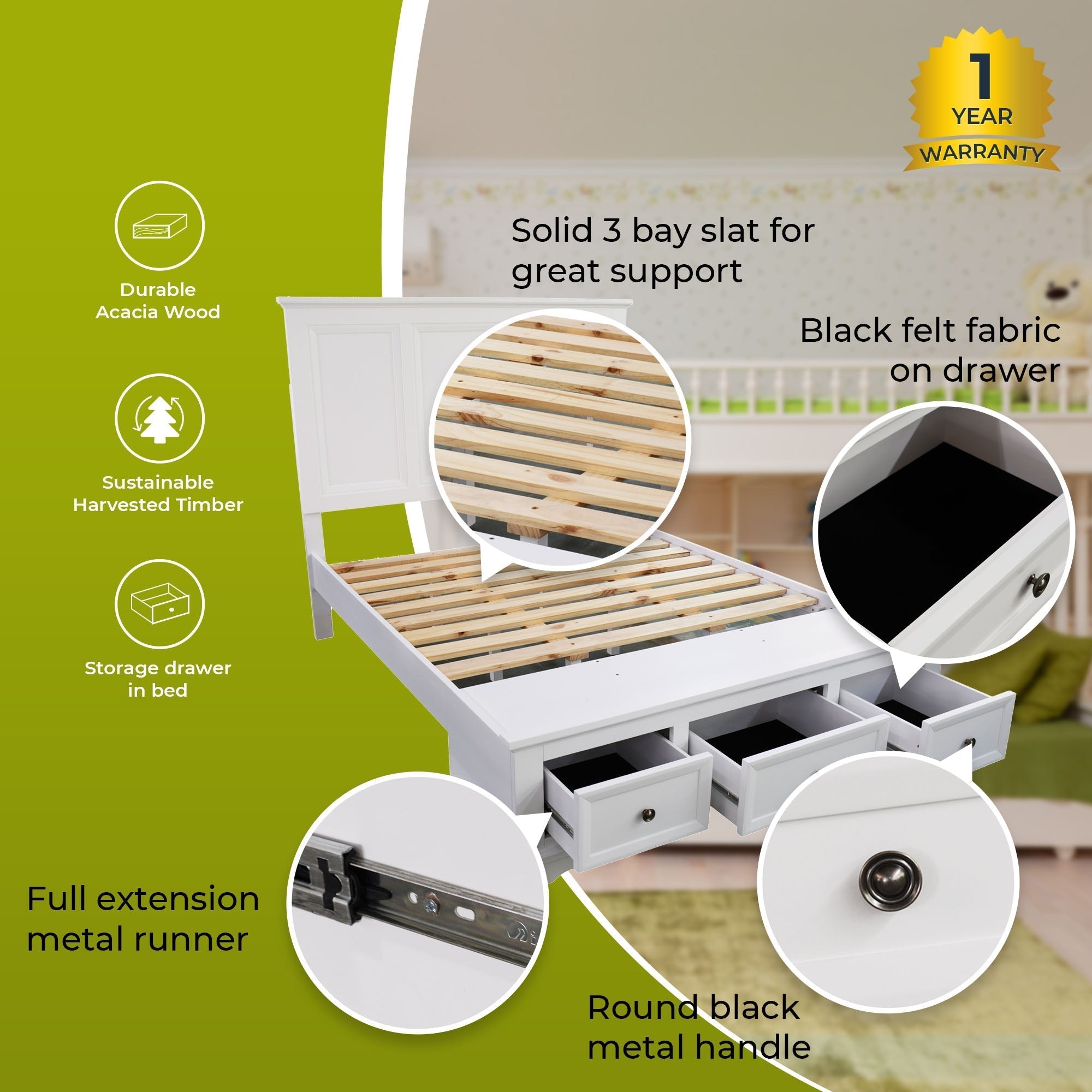 4pc Queen Bed Frame Bedroom Suite Timber Bedside Tallboy Package - White