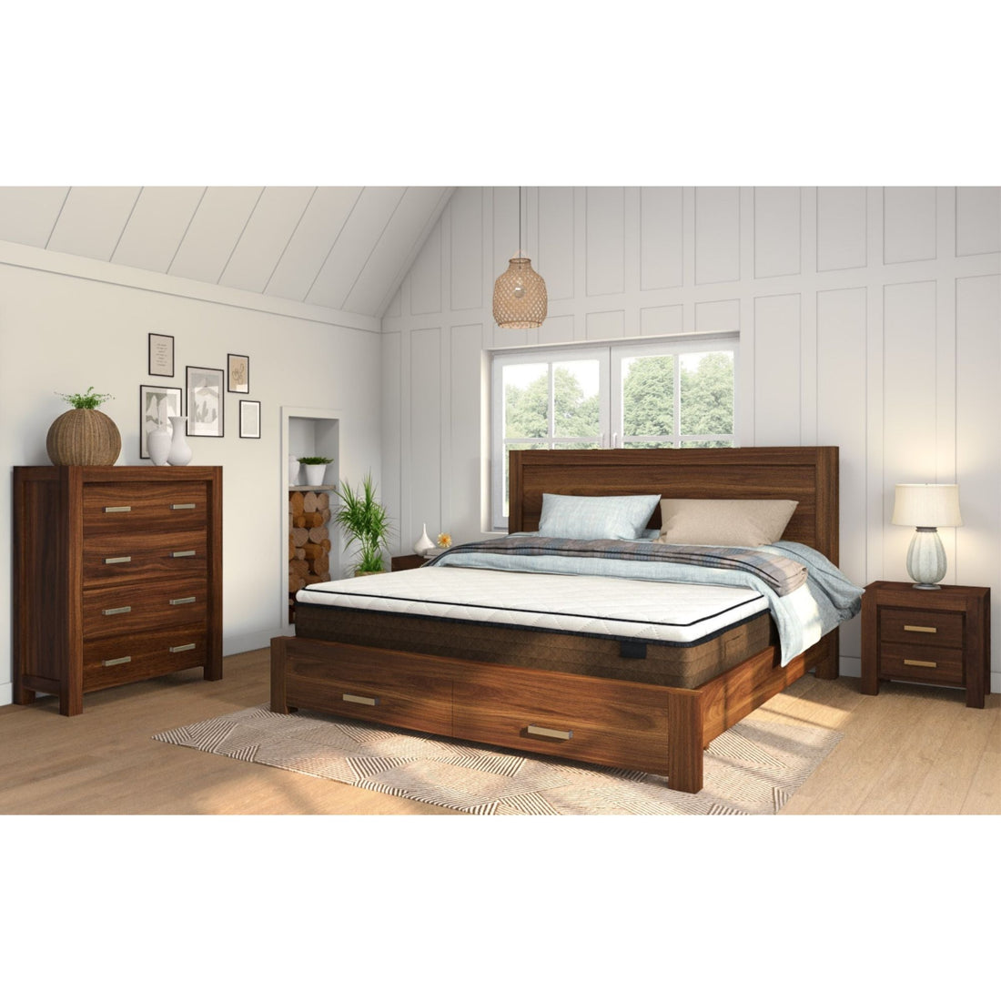4pc Queen Bed Frame Suite Bedside Tallboy Furniture Package - Walnut