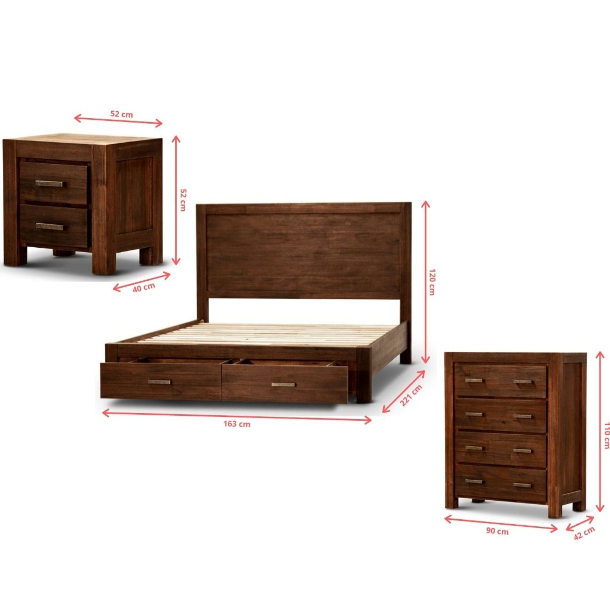 4pc Queen Bed Frame Suite Bedside Tallboy Furniture Package - Walnut