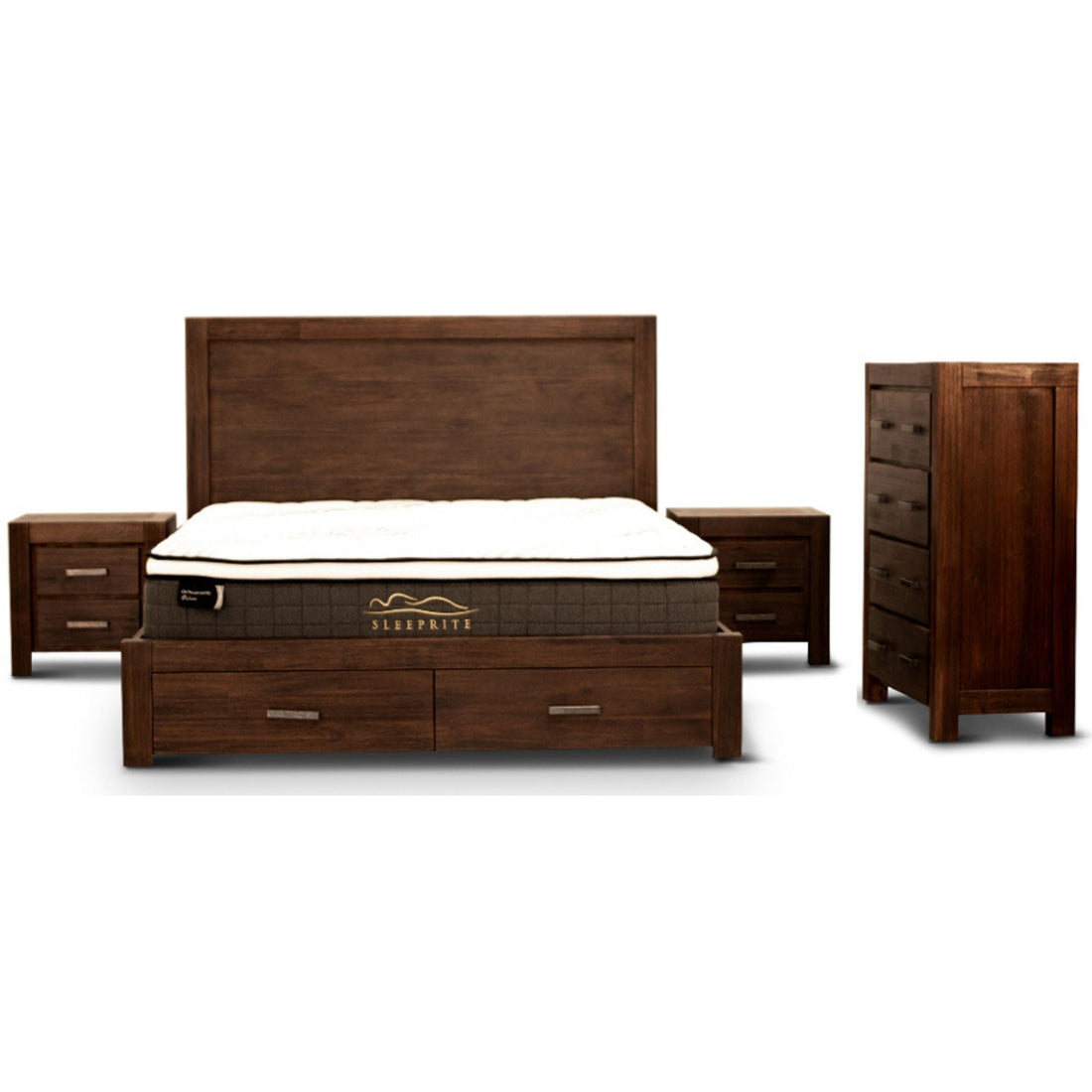 4pc King Bed Frame Suite Bedside Tallboy Furniture Package - Walnut