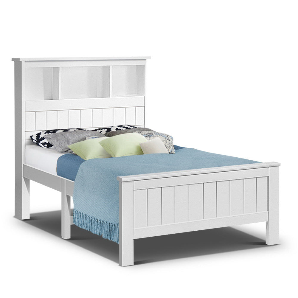 Comforstation King Single Wooden Bed Frame with Storage Shelves - White
