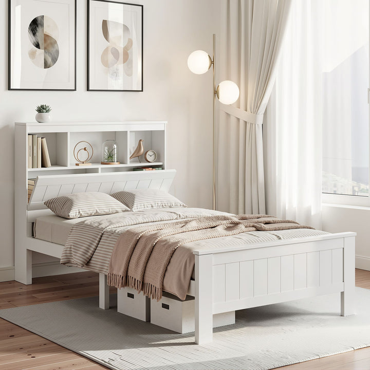 Comforstation King Single Wooden Bed Frame with Storage Shelves - White