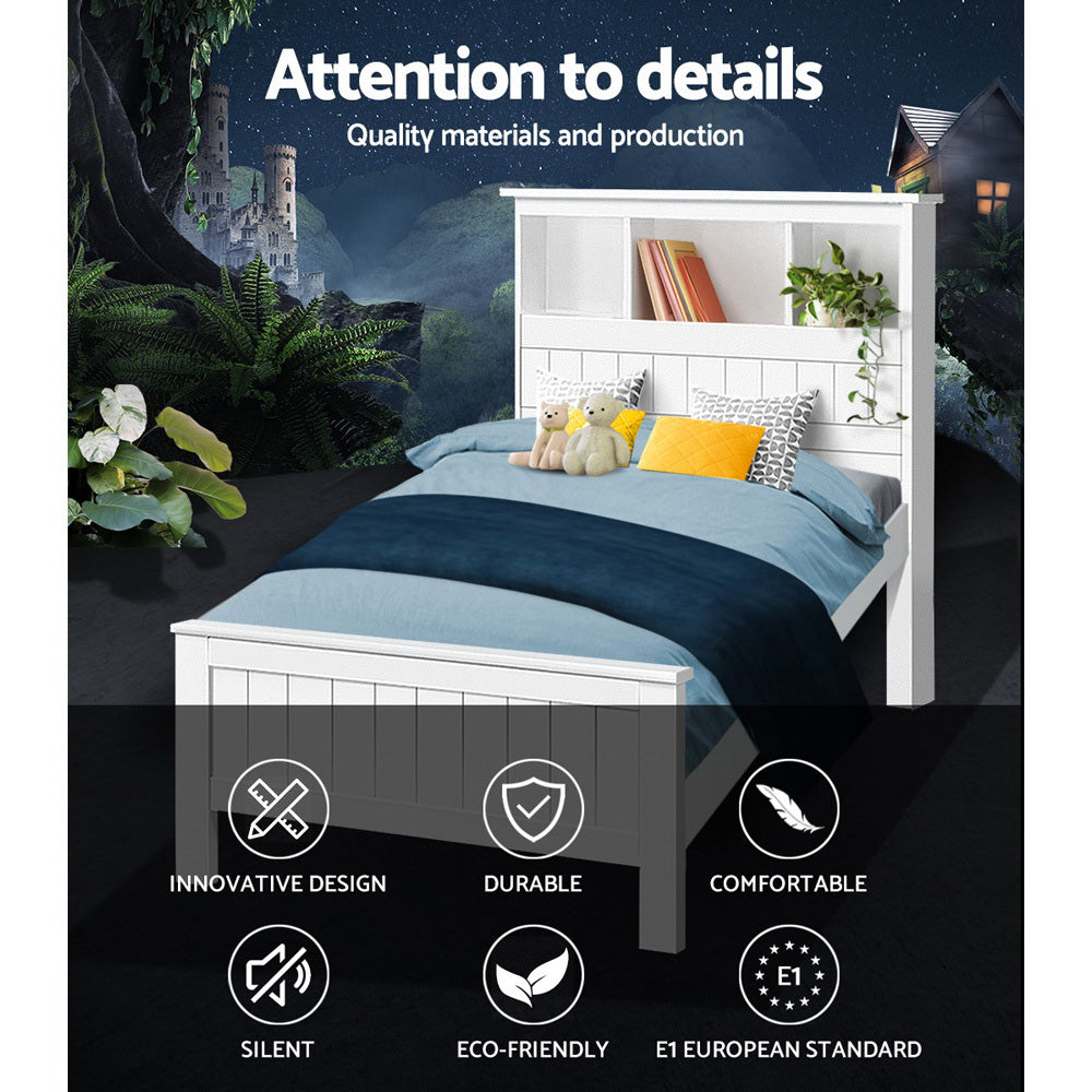 Comforstation King Single Wooden Bed Frame with Storage Shelves - White