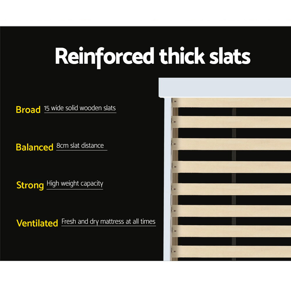 Comforstation King Single Wooden Bed Frame with Storage Shelves - White