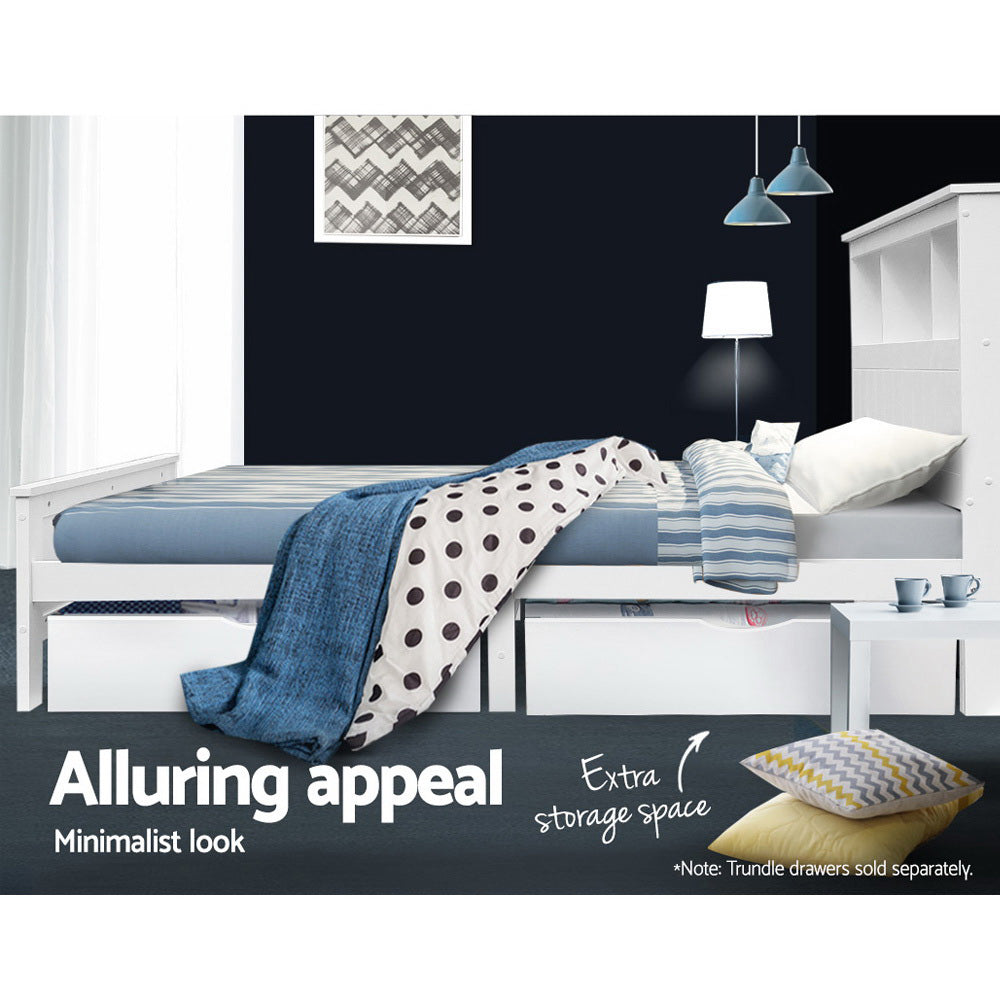 Comforstation King Single Wooden Bed Frame with Storage Shelves - White