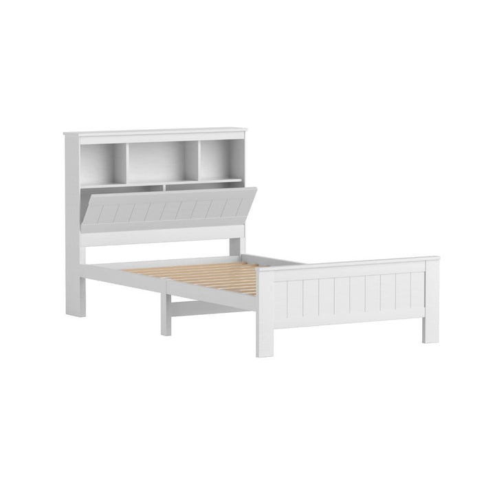 Comforstation King Single Wooden Bed Frame with Storage Shelves - White