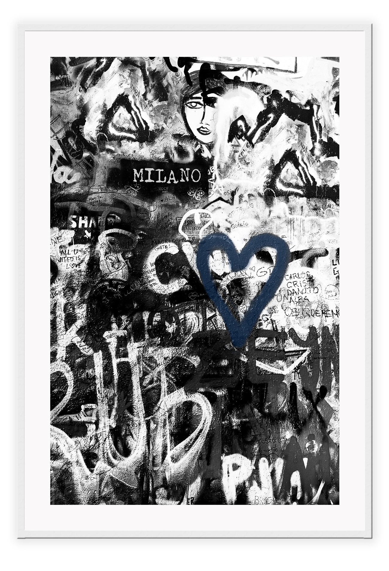 Black and white typography graffiti print art with hint of blue dark moody urban 